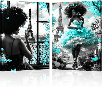 LYUNSHUO 2 Piece African American Canvas Wall Art Black and Turquoise Decor Paris Eiffel Tower Picture Fashion Woman Paintings Black Girl Artwork for Living Room Bedroom Home Dicoration - 16"x24"x2P