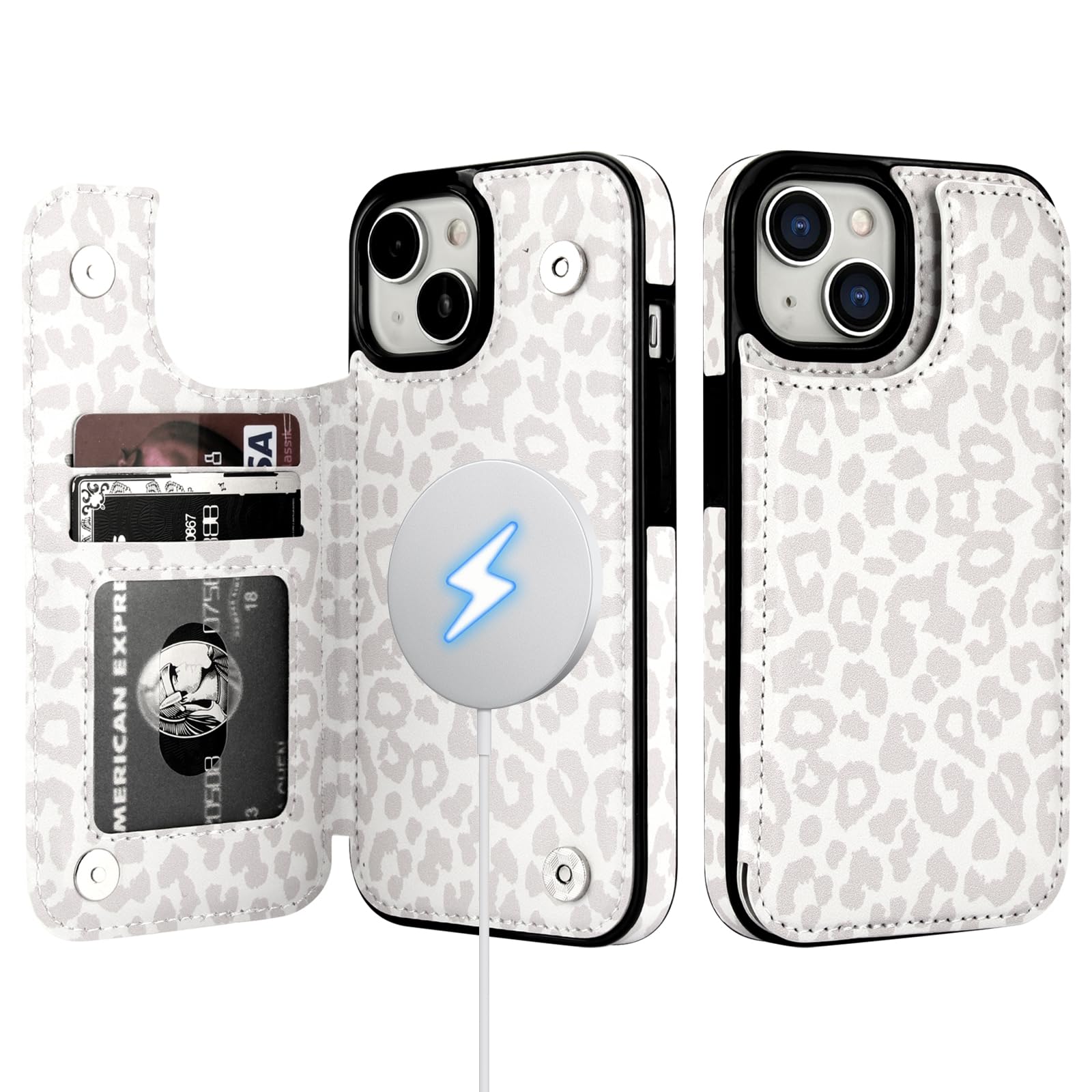 HAOPINSH for iPhone 15 Case Wallet Compatible with MagSafe Wireless Charging, White Leopard Pattern Back Flip Folio RFID Blocking Leather Kickstand