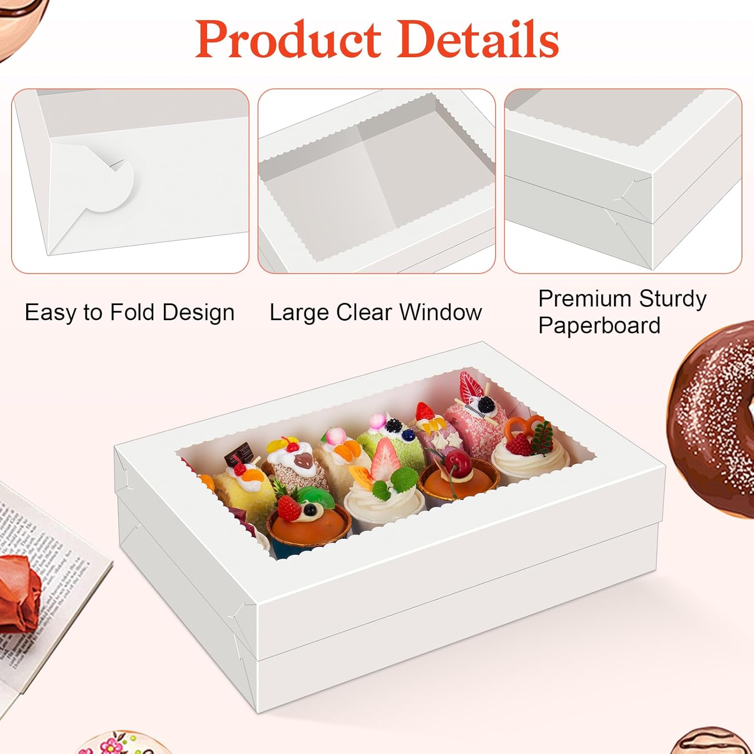Sudaya 19x14x4 Cake Boxes with Boards, Rectangle Half Sheet Cake Boxes, 1/2 Sheet Bakery Box with Window, Disposable Carry Bakery Containers for Cookie, Donuts, Cupcakes, Pie, Wedding, Party