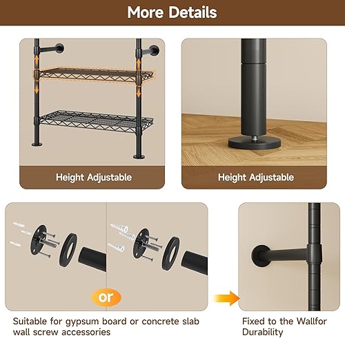 Miniatura 8 de H6 - Sistema de armario para montaje en pared, perchero industrial con 6 varillas telescópicas, 3 varillas de fijación y 9 estantes, organizadores