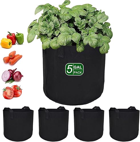 Jiwido Paquete de 5 bolsas de cultivo de 5 galones para plantas macetas de tela resistente con asas bolsas de jardín no tejidas para cultivar