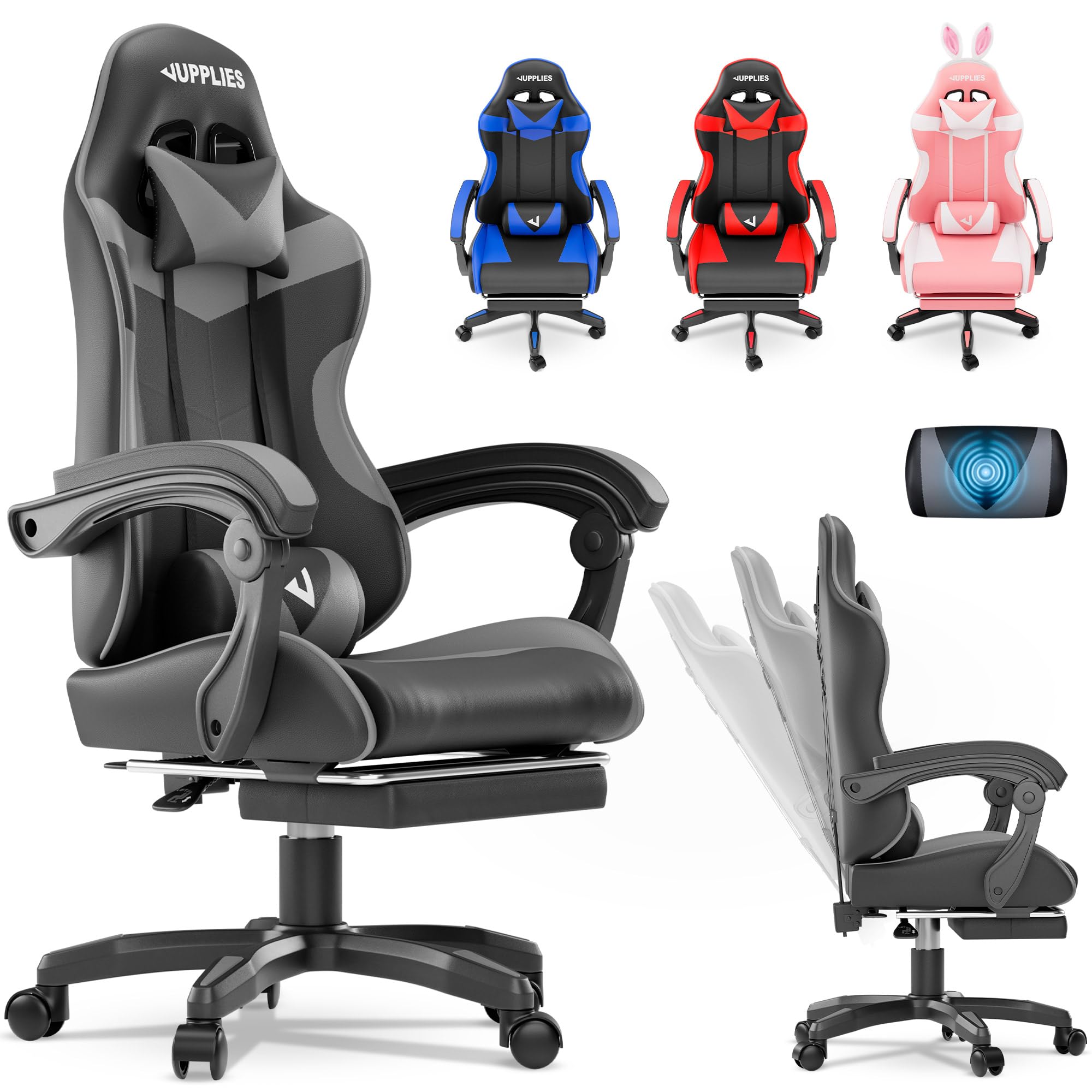 JUPPLIES Silla Gaming Profesional con Masajeador - Silla de Oficina Ergonómica, Altura Regulable y Respaldo Abatible - Silla Gamer (Gris, Acolchado Arriba, con Reposapiés)