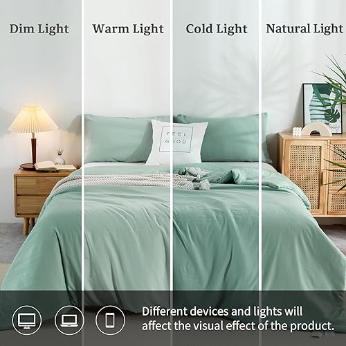 Miniatura 7 de COTTEBED Softness - Juego de edredón de tamaño King, color verde salvia, ligero para todas las estaciones, de algodón lavado, mullido y esponjoso,