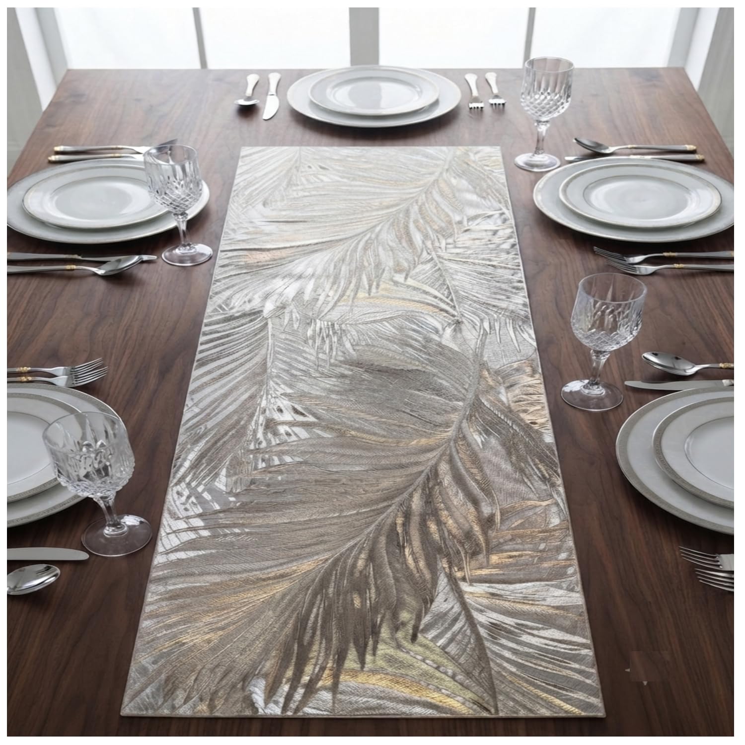 Premium Dining Table Runner 36x13 Inch | Waterproof Heat Resistant PVC Table Mat | Luxury Leaf Print (Silver Gold)-image-42