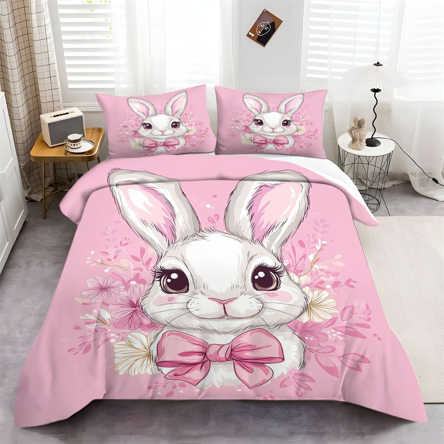 Nadruk Zestaw poszewek na kołdrę, uroczy kreskówkowy, głowa królika, zestawy pościeli z poszewkami na poduszki 260 x 220 cm, polibawełna, luksusowe poszewki na kołdrę dla chłopców - zestaw pościeli