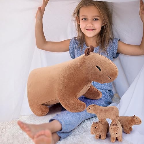 Miniatura 6 de Capybara - Mamá de peluche con 4 peluches de bebé Capybara, 5 piezas de almohada de felpa de Capybara, almohada suave para abrazar para niños y