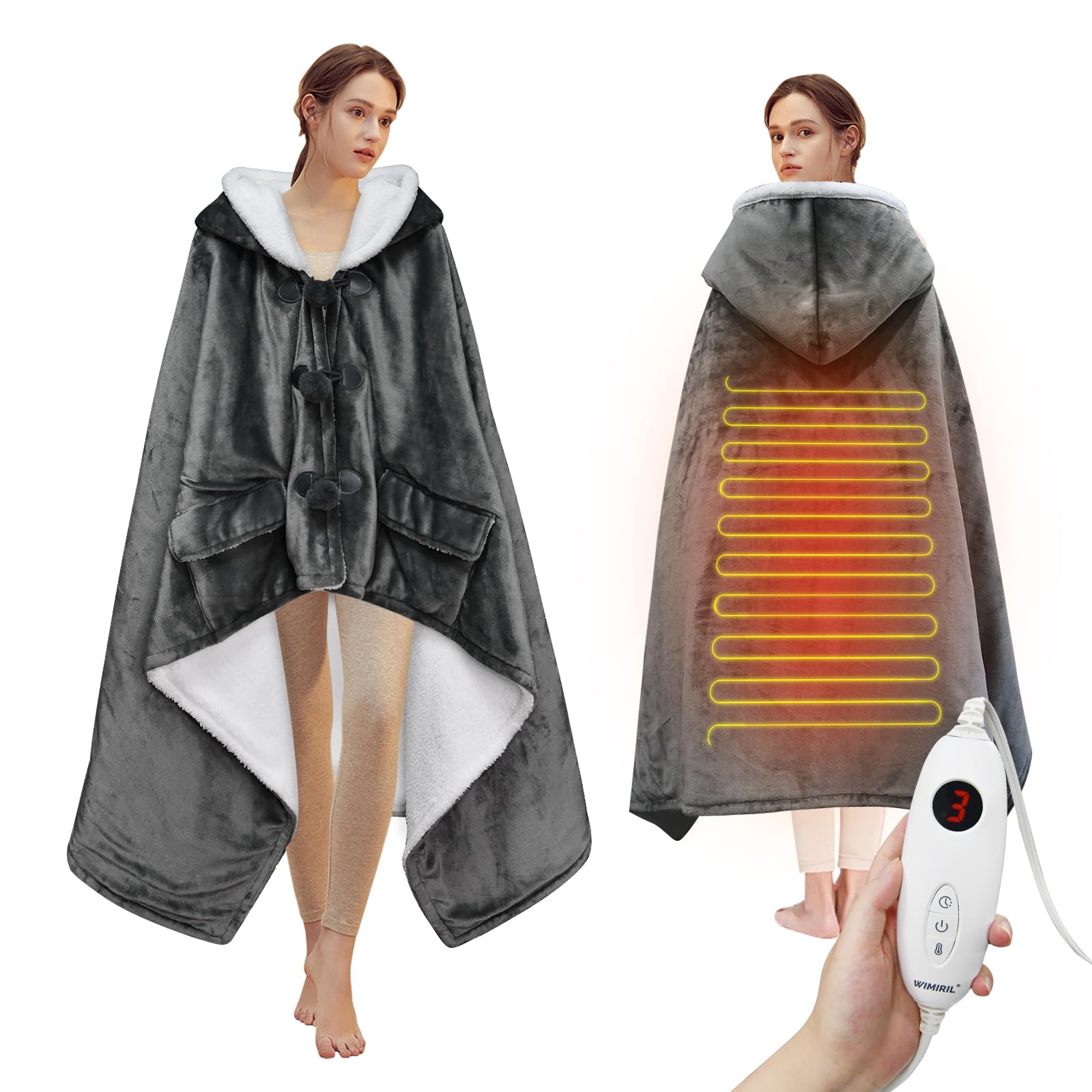 WIMIRIL Heated Blanket Wearable Shawl, Electric Heated Wrap Poncho Shawl 50 x 70 Inch with Pockets for Adult, Warm Sherpa Heating Throw with 3 Heating Levels & Multi Time Settings
