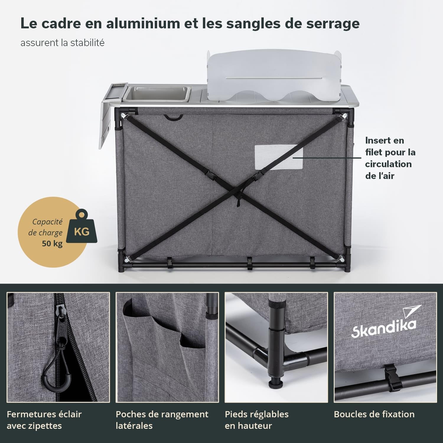 Skandika Cuisine de Camping Ruoka | Armoire de Camping avec Structure en alu, Pare-Vent Amovible, évier, Compartiments de Rangement, Sac de Transport | Cuisine de Camping d'extérieur, de Voyage
