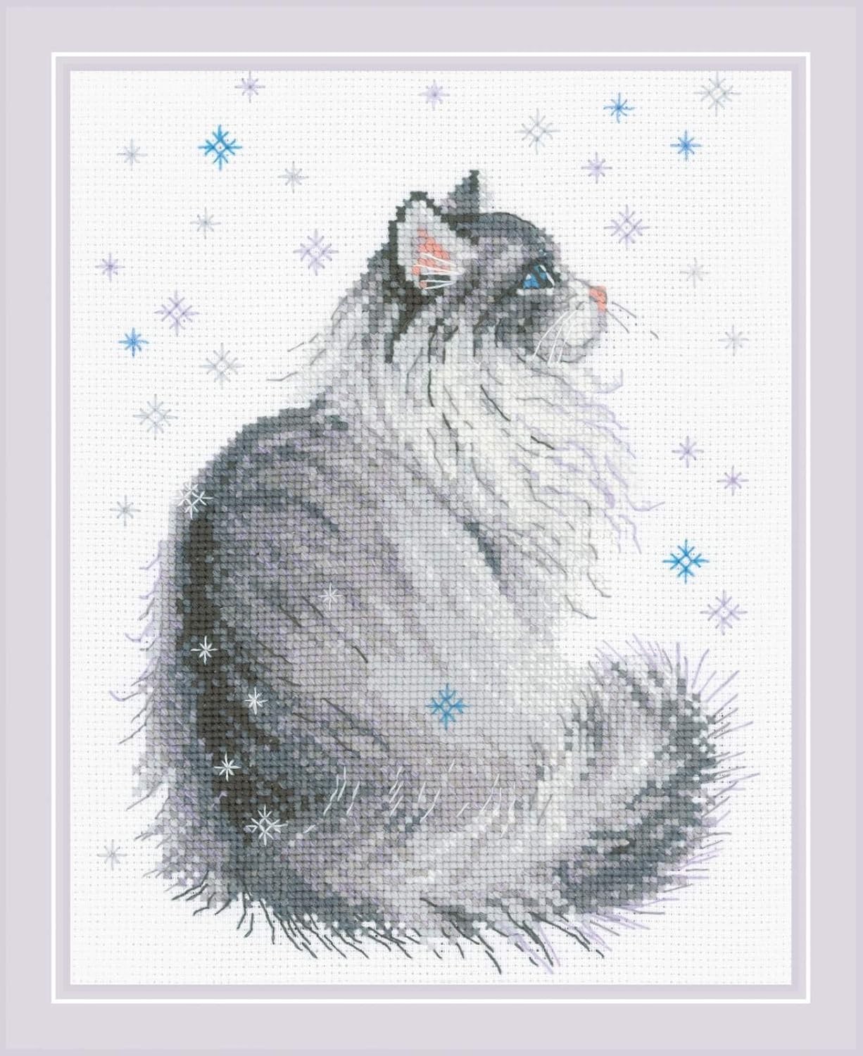 RIOLIS 1912 Snowy Meow - Counted Cross Stitch Kit 9½ x 11¾ 10 Count White AIDA 11 Colors