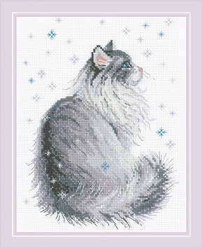 RIOLIS - Snowy Meow 1912, Cat Lovers Cat Cross Stitch Kits 912"x1134, Cross Stitch Kits for Beginners & Advanced, Crossstitching Kits Adult, Counted Stitching Kits, Cat Embroidery Kit
