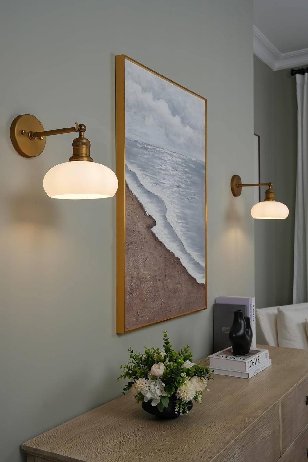 Yosoan Boho Brass Vanity Wall Sconce with Milk White Shade, Indoor Mordern Hardwired 1-Light Vintage Industrial Wall Mounted Gold Single Wall Light for Bedroom Living Room Stairwell Hallway(Antique)