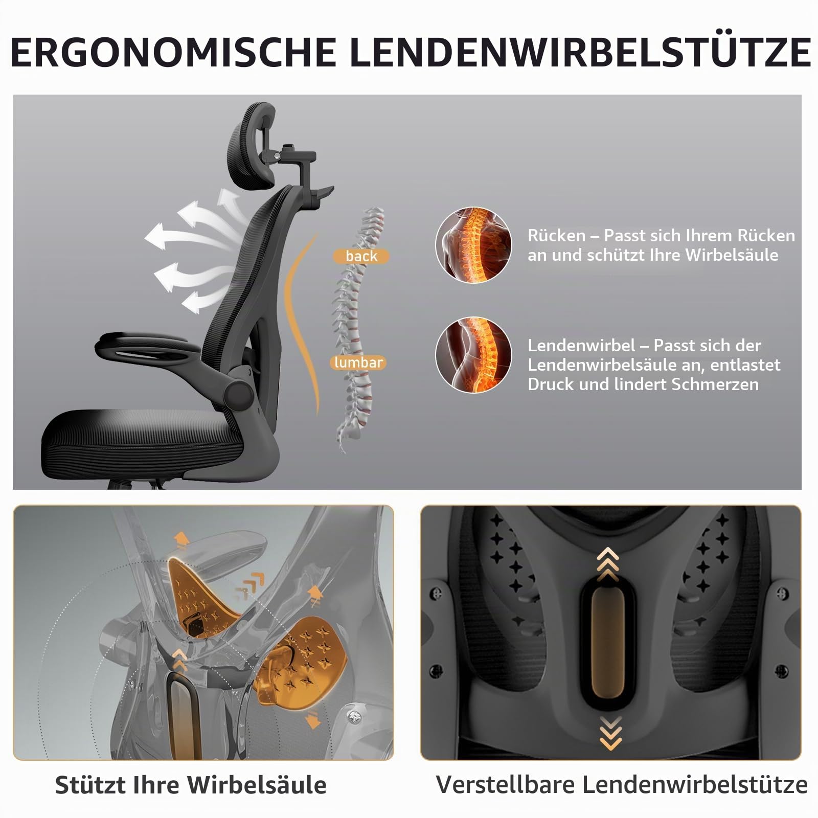 BüRostuhl, Office Chair Mit 90° Hochklappbare Armlehnen und 3D-KopfstüTze, Ergonomischer Netz-BüRostuhl, 10 cm HöHenverstellbar, Weiches 50 X 50 cm Sitzkissen, 360° Drehbar, Schwarz