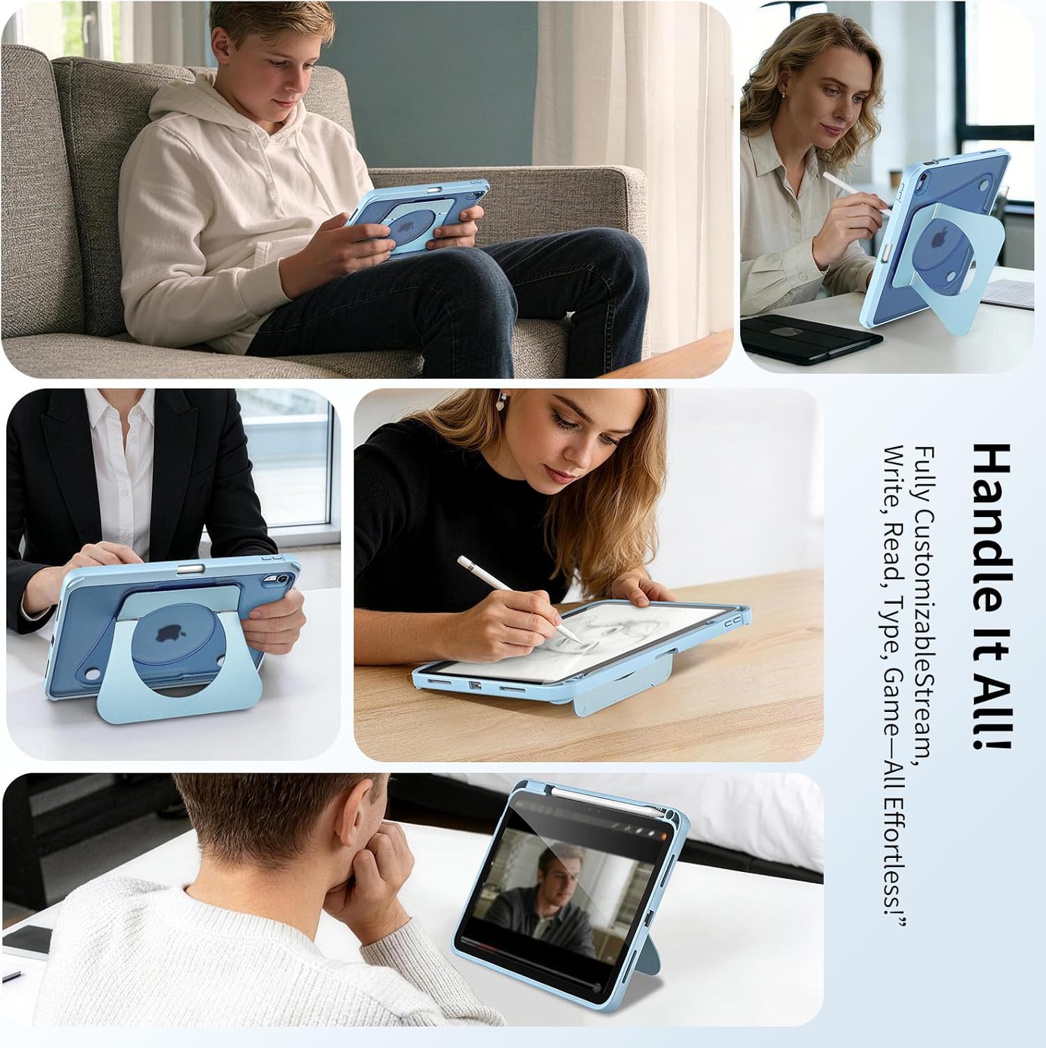 Slim Case for iPad (A16) 11th Generation 11 inch 2025 / iPad 10th Generation 10.9 inch 2022, Metal Bidirectional Rotating Holder, Any Angle Stable Support, Frosted Cover with Pencil Holder (Blue)