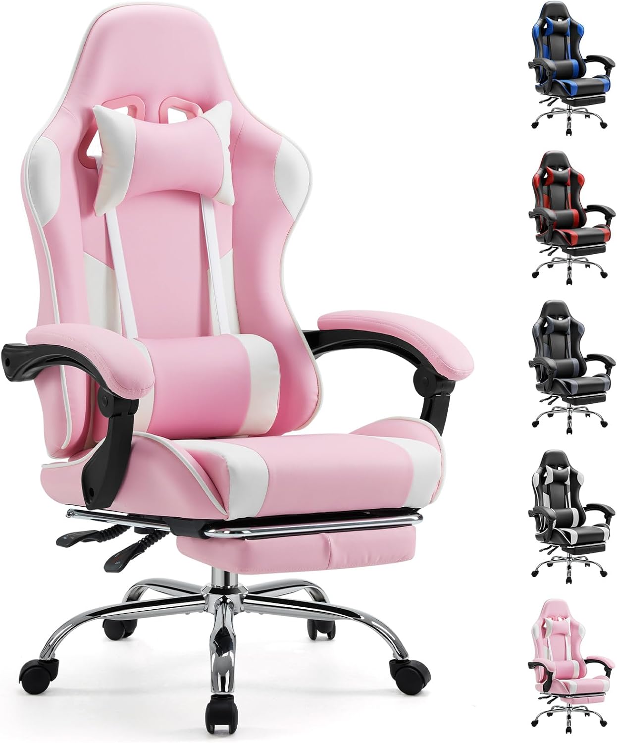 Sweetcrispy Computer Video Game Desk Chair - Ergonomic Comfy Lumbar Support with Footrest, PU Leather Recliner with Headrest, Fixed Up Armrest, Height Adjustable and 360 Swivel, for Adults, Pink