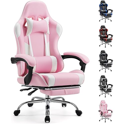 Sweetcrispy Computer Video Game Desk Chair - Ergonomic Comfy Lumbar Support with Footrest, PU Leather Recliner with Headrest, Fixed Up Armrest, Height Adjustable and 360° Swivel, for Adults, Pink