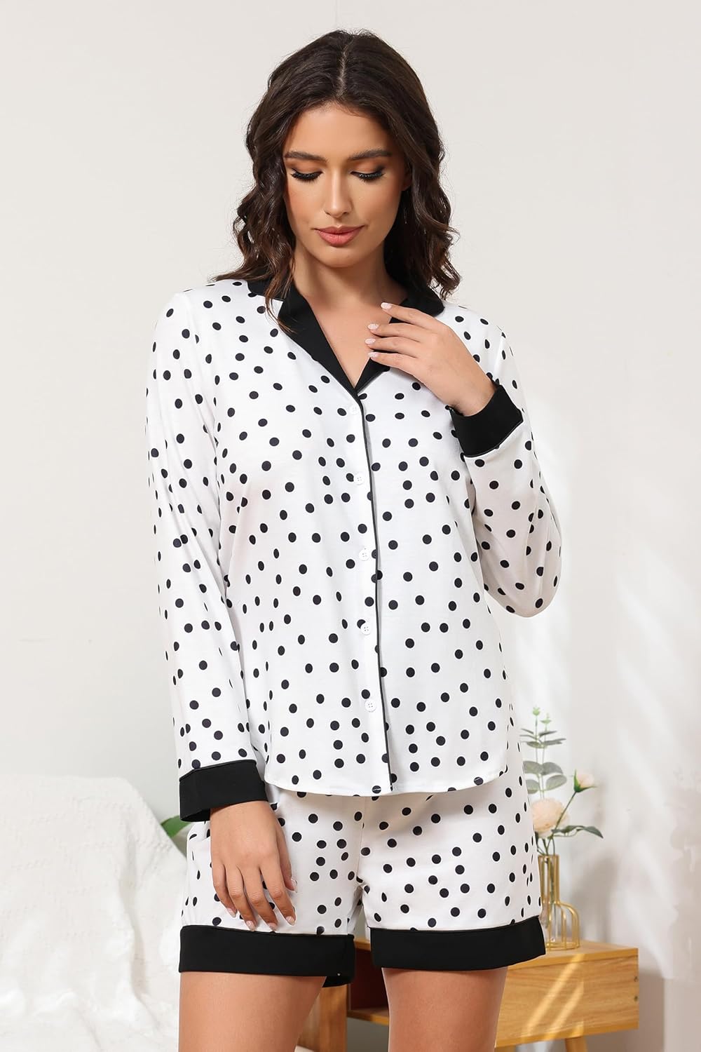 FKEEP Button Down Pajamas Sets Women Two-Piece Satin Silk Pjs Sets Loungewear Long Sleeve Sleepwear Shorts Nightwear Sets - Image 2