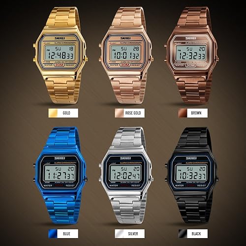 Miniatura 5 de VIGOROSO Reloj despertador vintage retro dorado de acero inoxidable digital casual para hombre