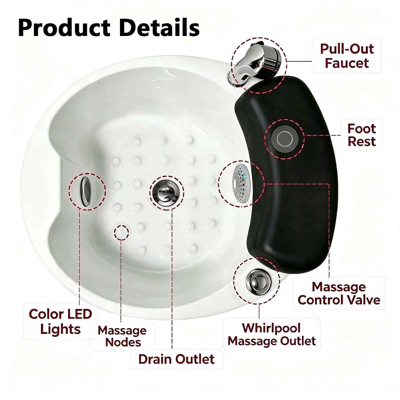 Vasca Idromassaggio Pedicure Pediluvio,Guscio Acrilico A Coste 24,8 Pollici | Cromoterapia A LED Integrata, Poggiapiedi Ergonomico In PU, Speciale Pediluvi Dell'hotel