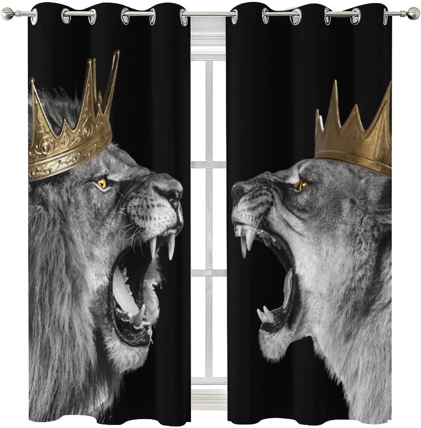 Black Lion Animal King & Queen Ultra Soft Premier Blackout Curtains,Gold Crown Cool Wildlife African Wild AnimalThermal Insulated Bedroom Noise Reducing Patio Door Grommet Top,2 Panels 45L x 21W