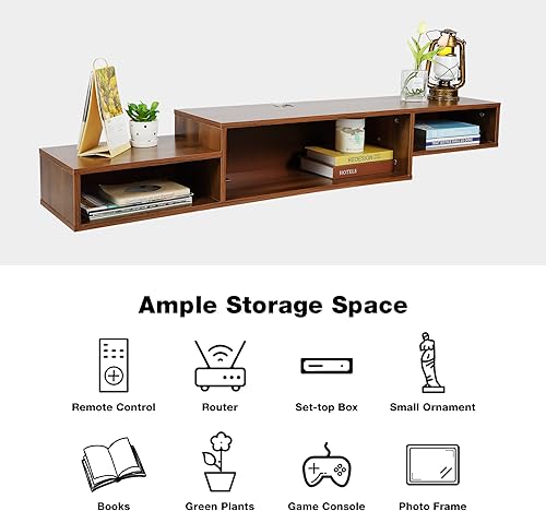 Miniatura 6 de ALAPUR Soporte flotante para TV con toma de corriente, centro de entretenimiento flotante de 59 pulgadas con LED marrón