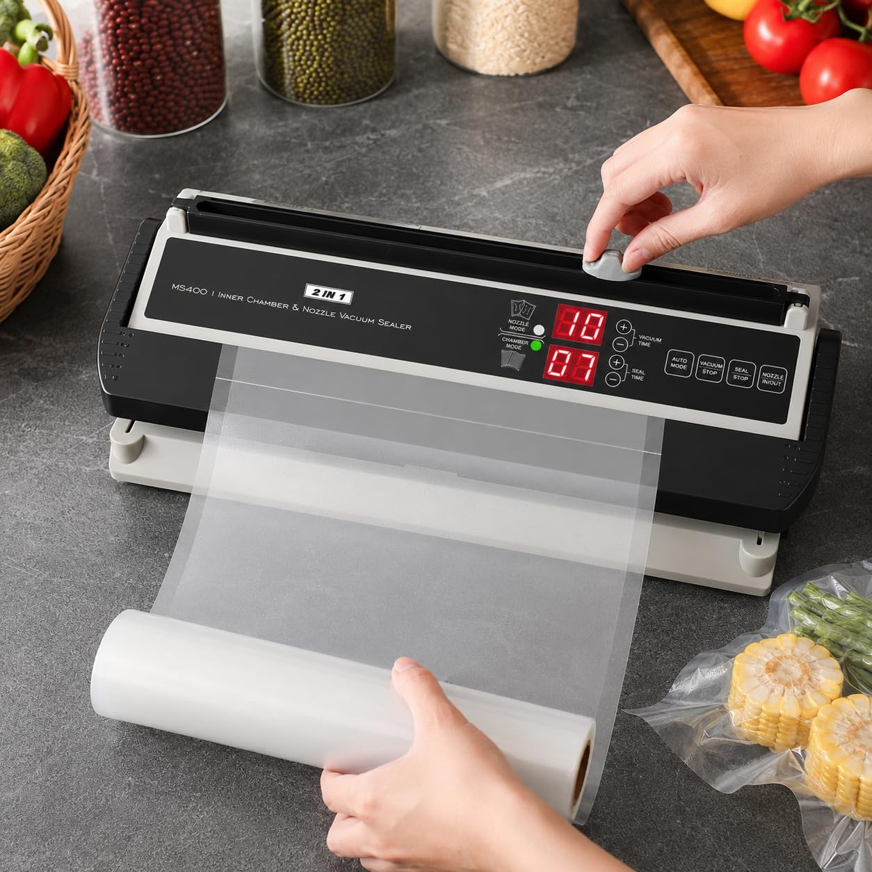 Sellador al vacío de cámara comercial de 250 W, doble bomba, barra de sellado de 40 cm | Modos automático y manual, control de vacío de 1 a 60 segundos, ancho de sellado de 8 mm e inflado de aire
