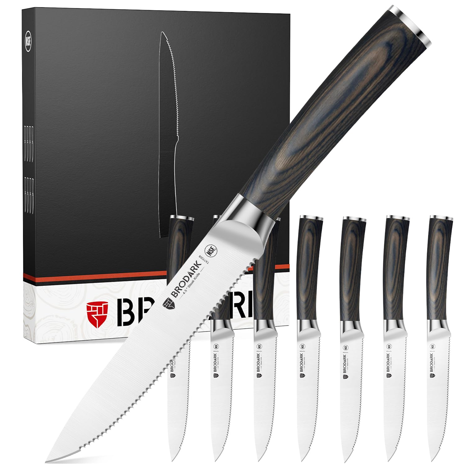 BRODARK Steak Knives Set of 8: 4.5 Inch Serrated Dinner Knives with Wood Handle - High Carbon Stainless Steel Steak Knife - NSF Certified Food Grade