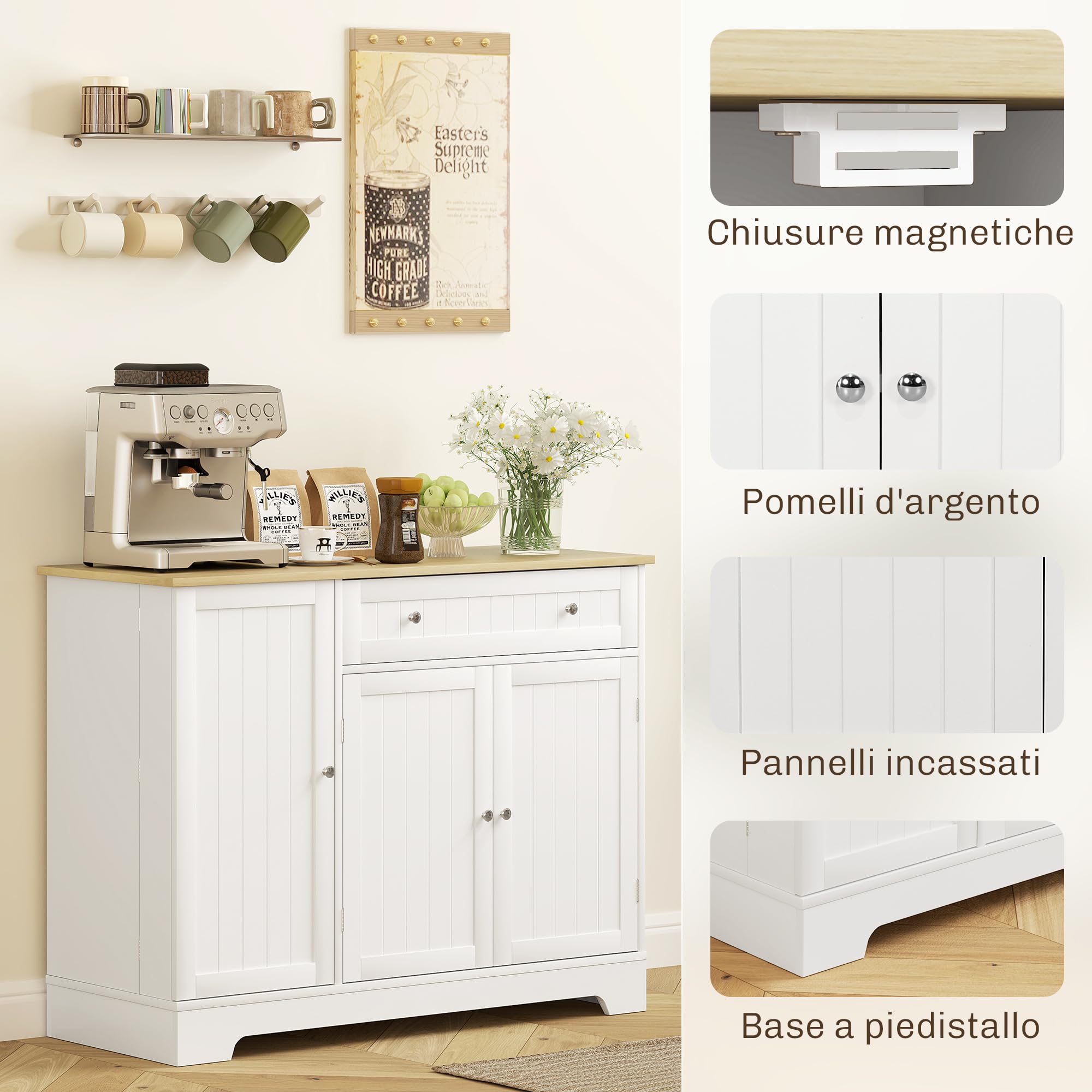 HOMCOM Credenza Cucina con Armadietti, Cassetto, Mobile Cucina con Ripiani Regolabili, Credenza Buffet per Sala da Pranzo, Soggiorno, Stile Moderno, 105x40x83 cm, Bianco