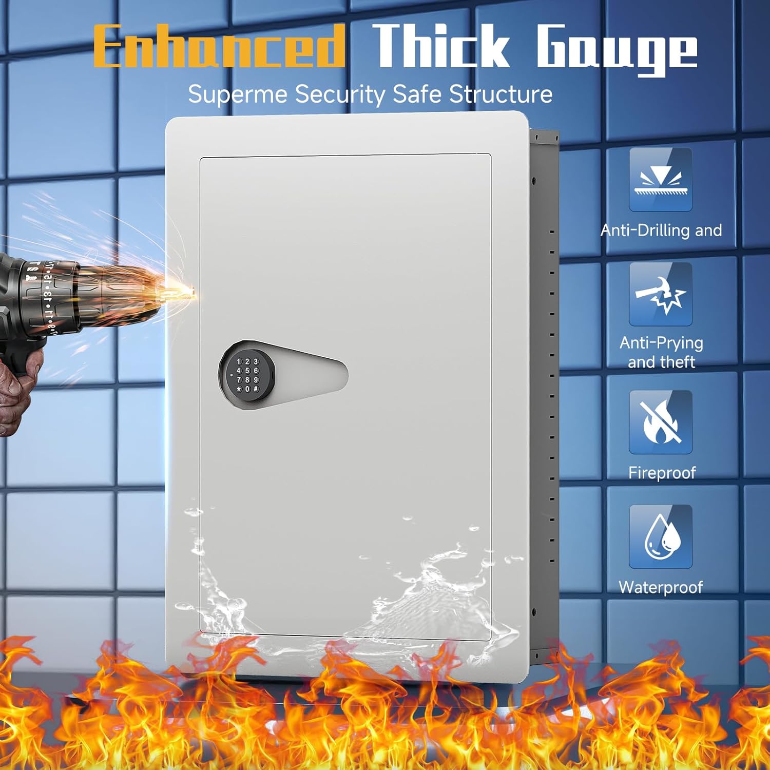 Wall Safe with Movable Shelves Electronic Combination Lock Wall Safes Between the Studs Fireproof Concealed Flat Design, Suitable for Storing Cash Jewelry Passports and Other Valuables(White)