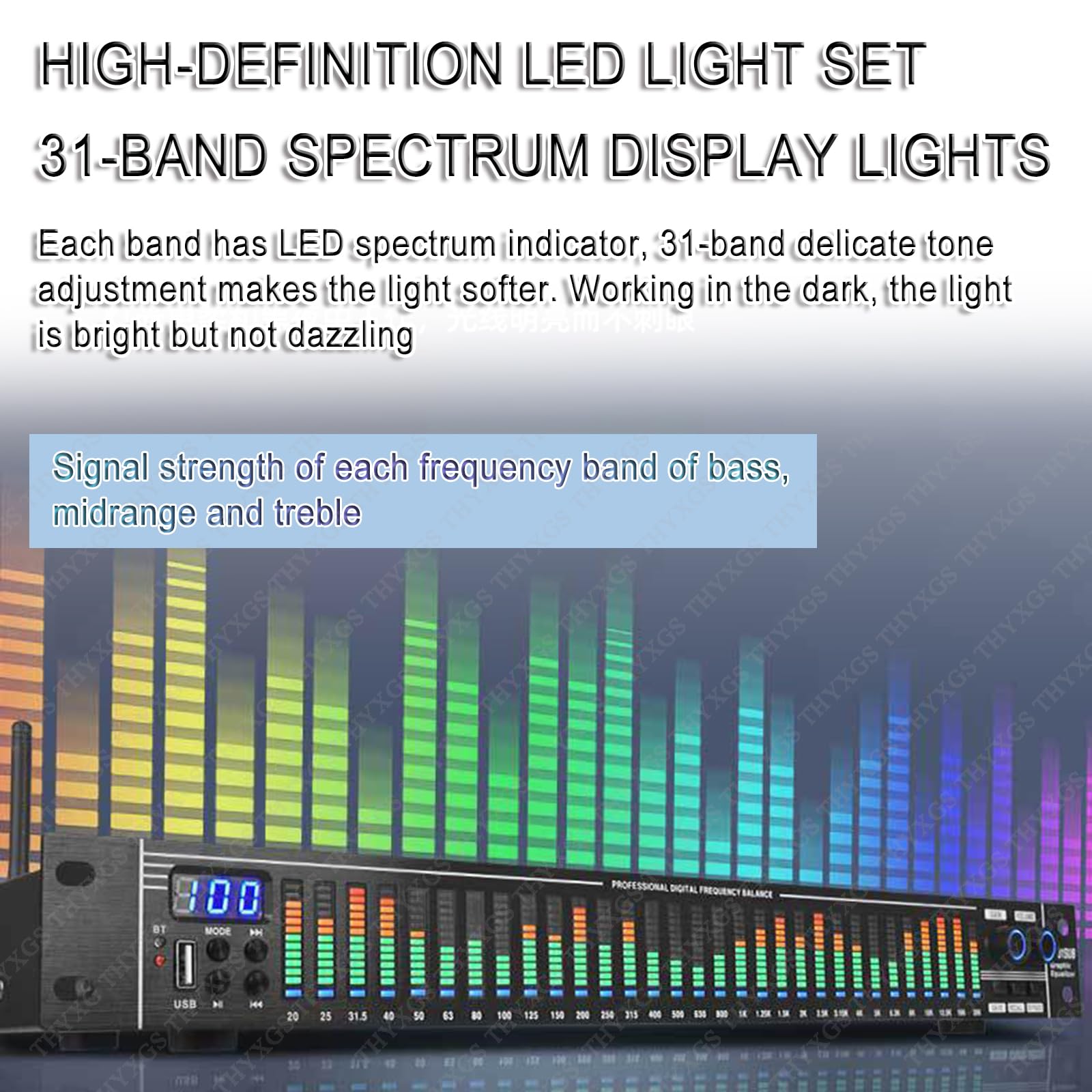 LED Digital Equalizer, 31-Band Stereo Equalizer mit Low/Mid/Treble Anpassung und intelligenter Rauschunterdrückung für Bühnenperformance und Karaoke