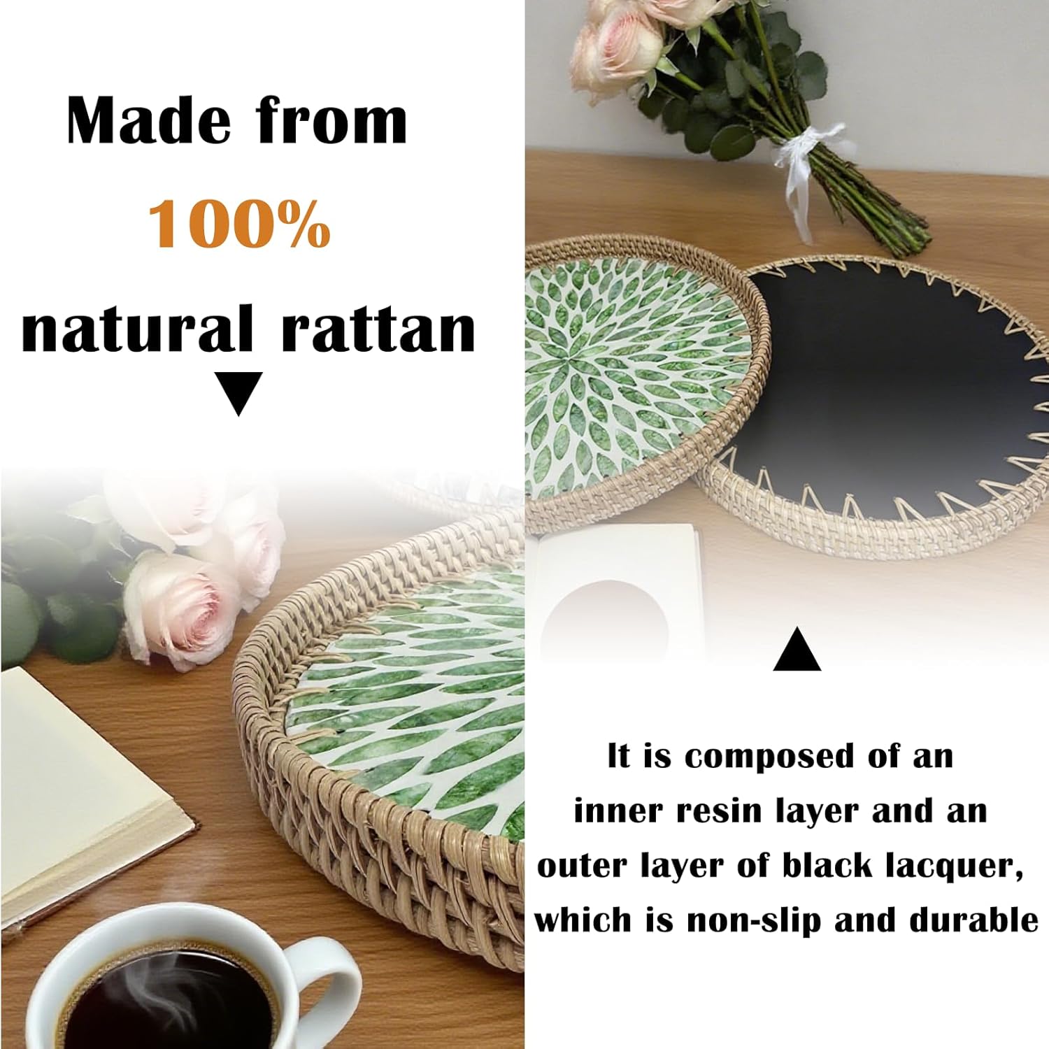 Round Rattan Tray with Mother of Pearl Inlay, Decorative Basket with Wooden Base, Woven Tray for Kitchen Island Decor, Table Decor, Storage and Display of Food (Black Plume, 13.8") - Image 4