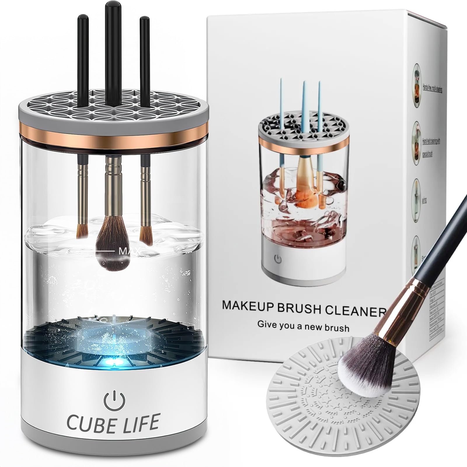 CUBE LIFEElectric Makeup Brush Cleaner, 1200mAh Cosmetic Brush Cleaner For All Type Makeup Brushes, Makeup Brush Cleaner Machine with Brush Clean Mat, Quick Efficient Brush Washer Machine