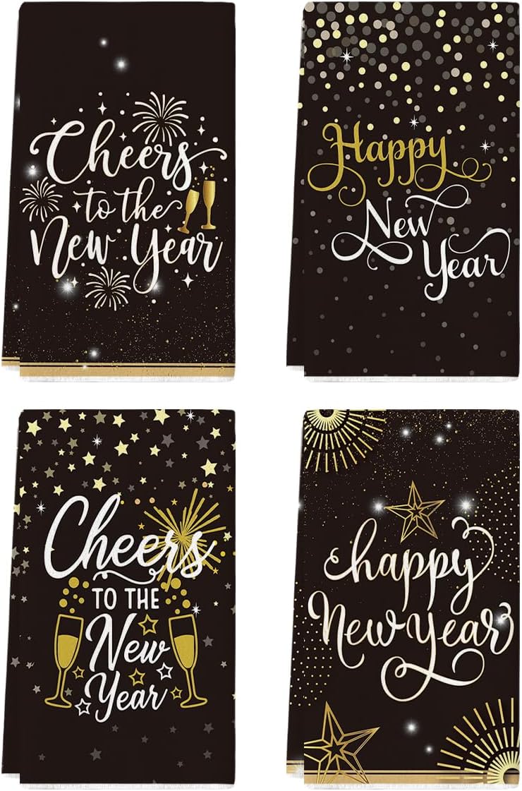 Artoid Mode Champagne Happy New Year Kitchen Towels Dish Towels, 18x26 Inch Farmhouse Cheers Star Fireworks Decoration Hand Towels Set of 4