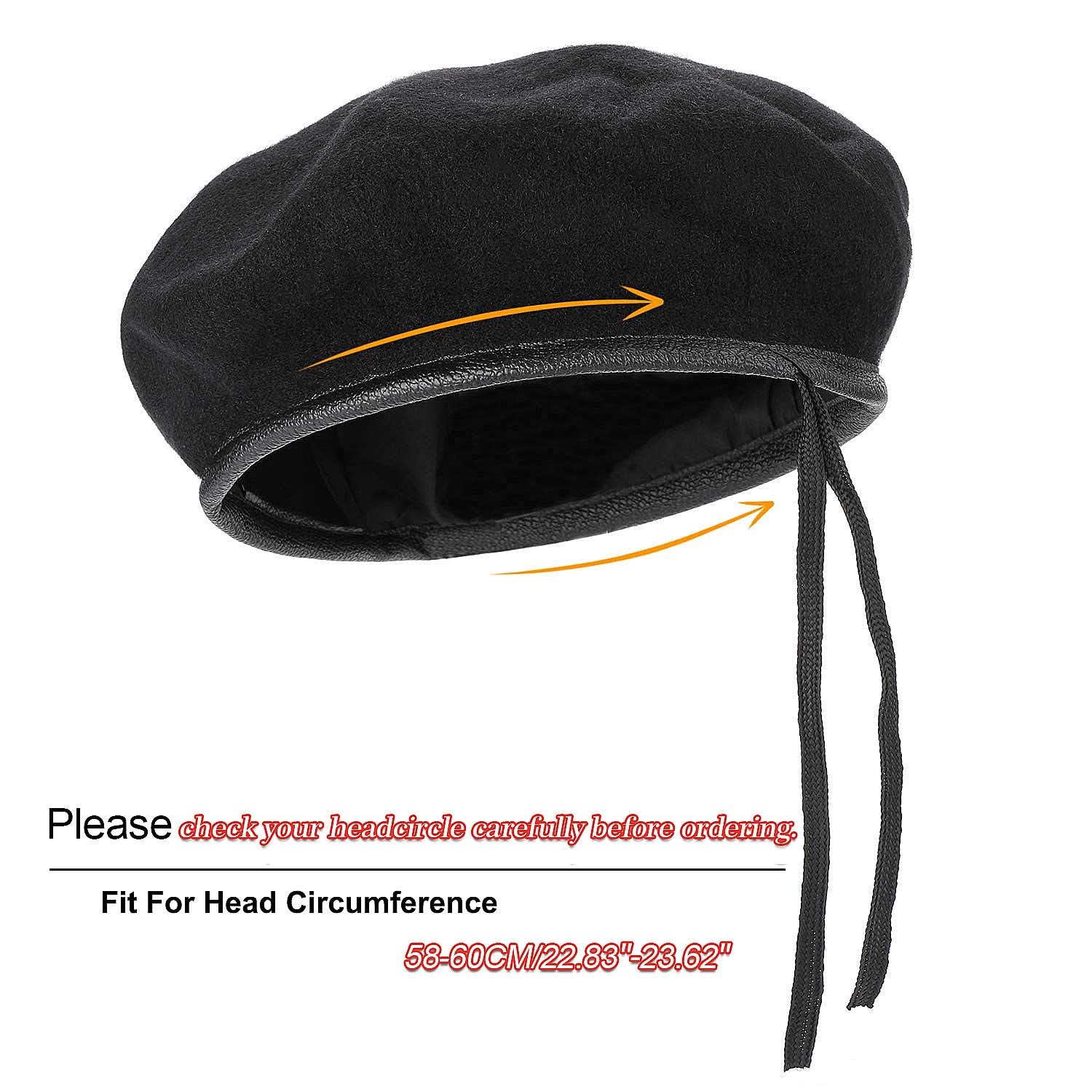 Boinas de Lana, para Mujer, Estilo Militar, Boinas Estilo Militar con Ribete de Cuero, Ajustable, Talla única
