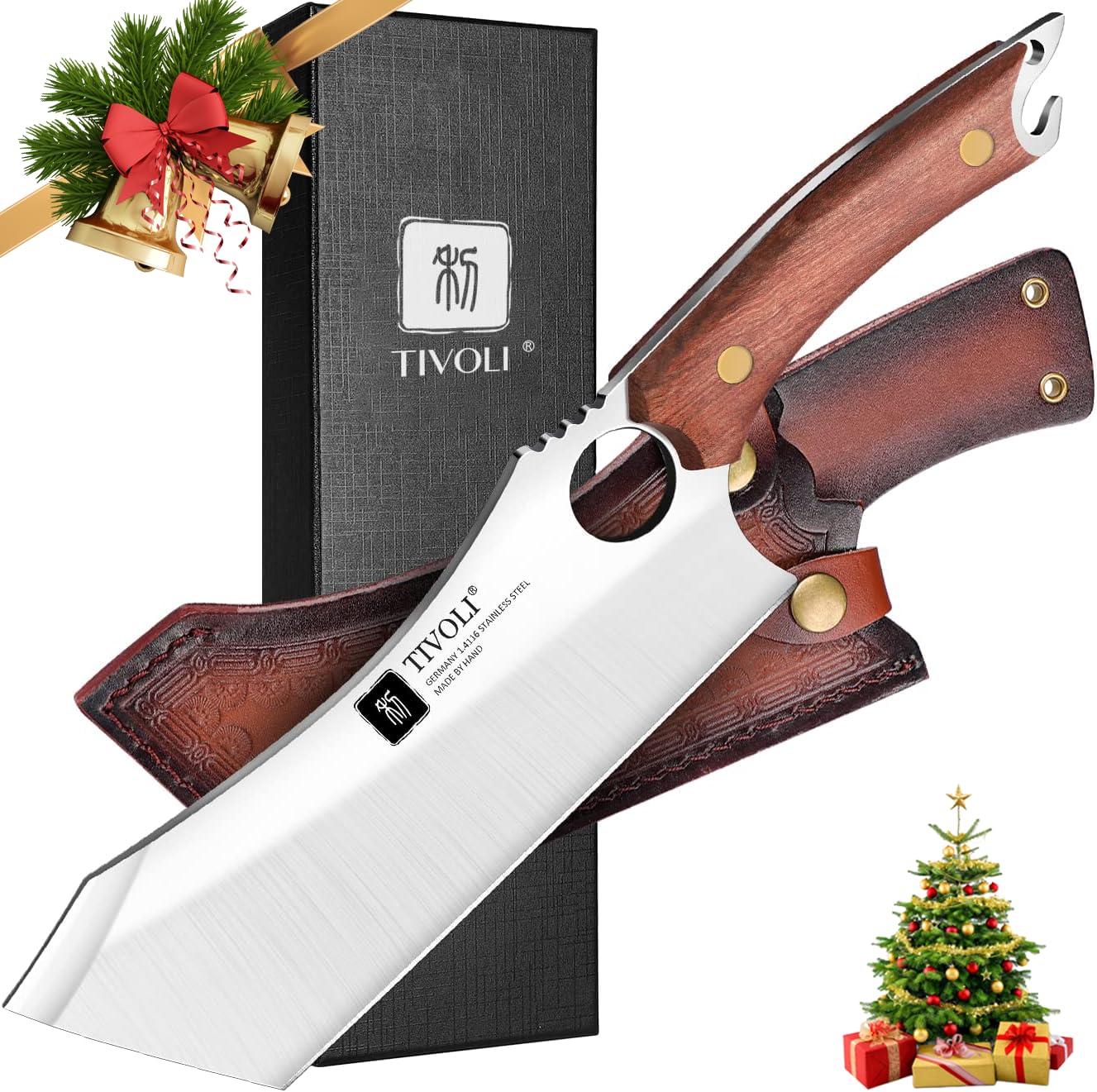 TIVOLI Meat Cleaver Knife Japanese Kitchen Vegetable Knife Sharp Meat Chopper Forged In Fire Full Tang Cleaver Knives with Sheath Bottle Opener for Outdoor Camping Father's Day Gift Men Women