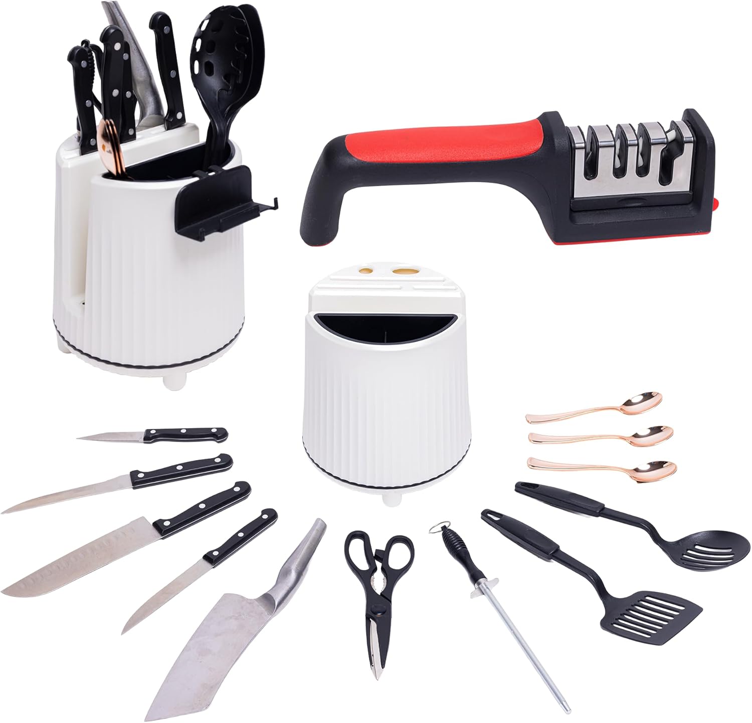 360° Rotating Kitchen Utensil Holder & Knife Sharpener | Anti-Slip Design for Home Cooks & Chefs