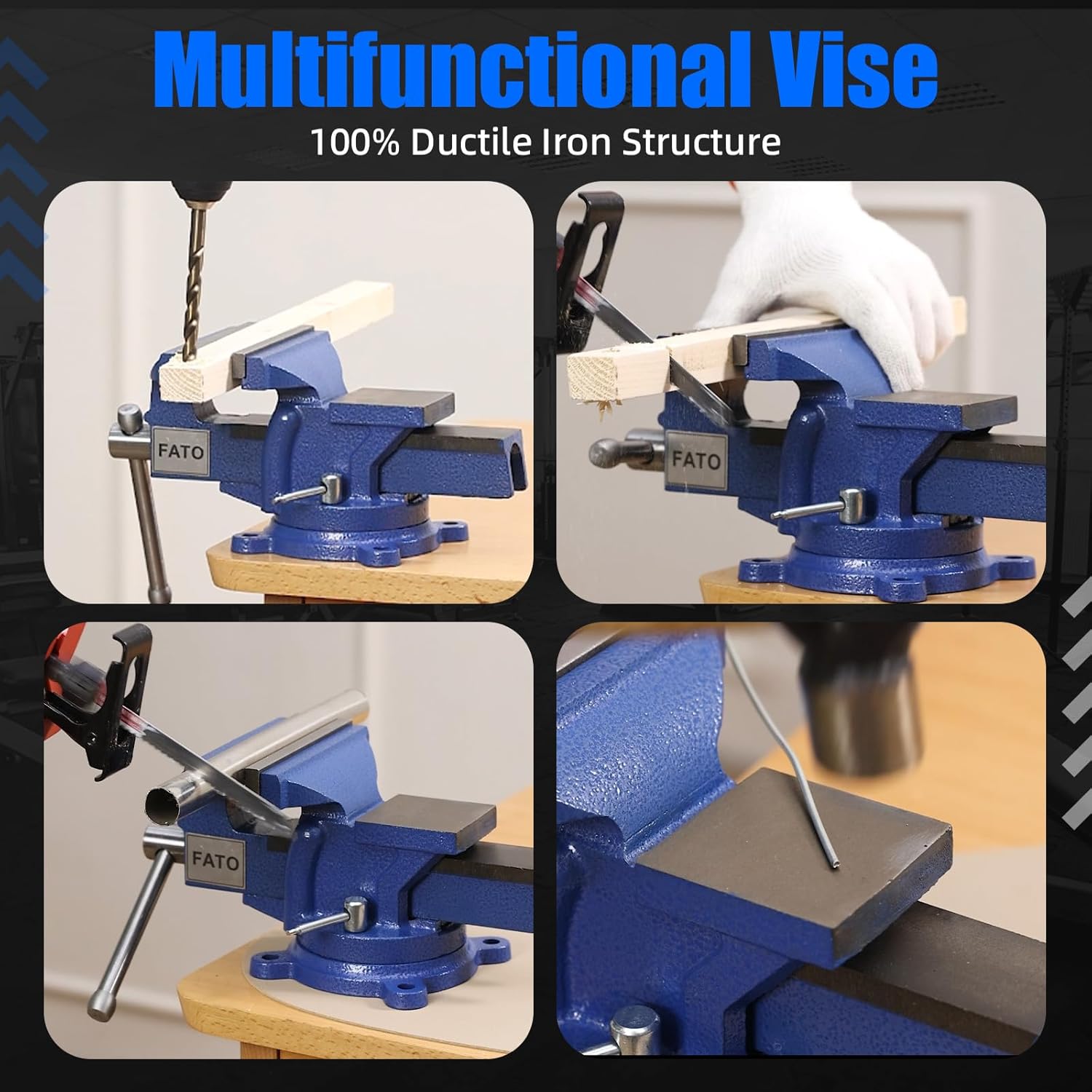 FATO FATO 5 Inch Light Duty Bench Vise – Ductile Iron Workbench Vise with 360° Swivel Base & Head, Anvil and Pipe Jaws, 4.92" Jaw Width 3.94" Opening, for Woodworking, Garage DIY
