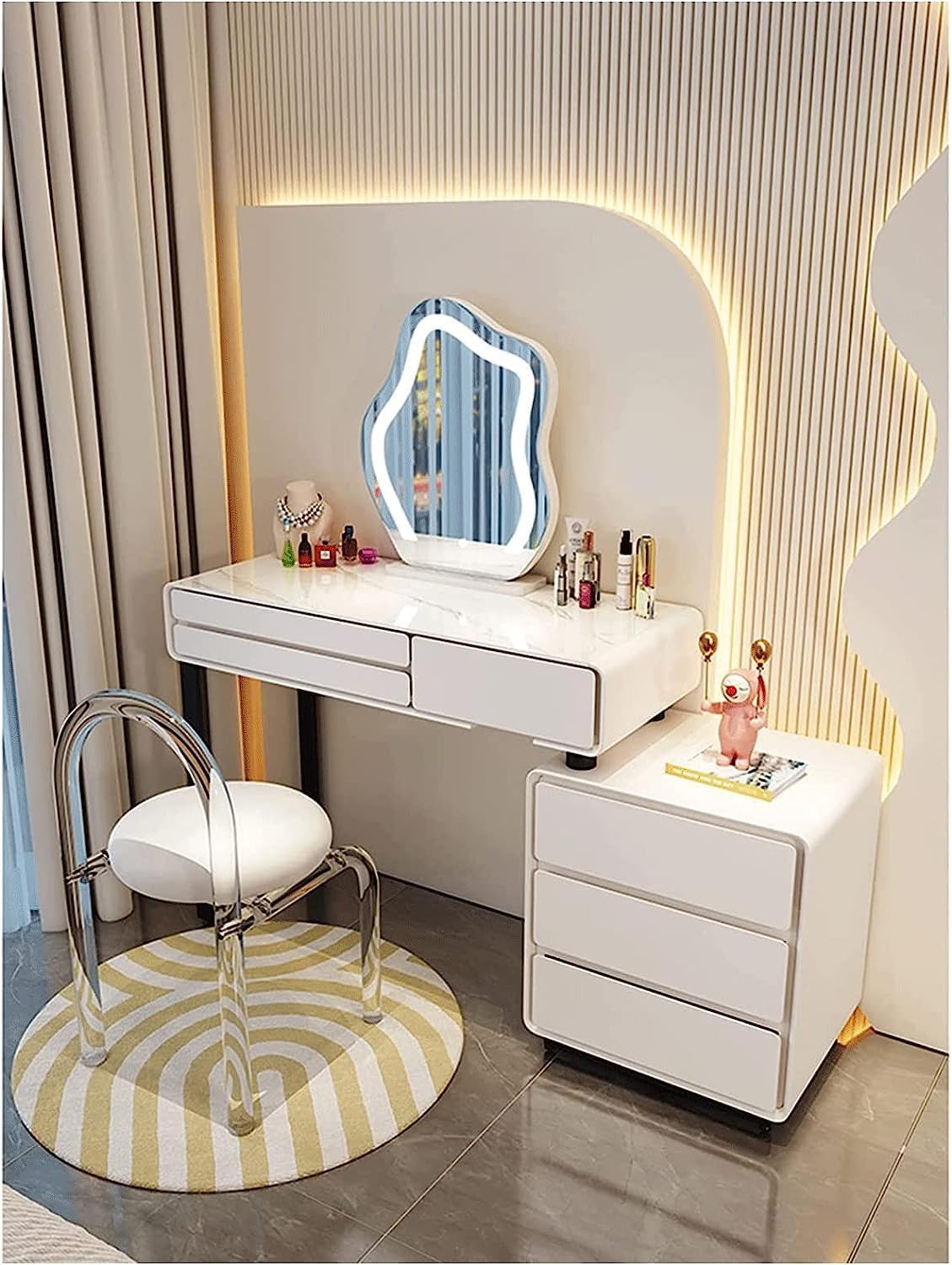 モダンなホワイトのドレッサー鏡台 楕円形イス付き モダンなホワイトのドレッサー鏡台 楕円形イス付き ドレッサー デスク