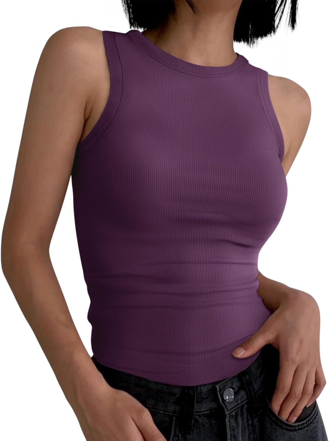 ANRABESS Womens Sleeveless High Neck Tank Tops Fashion Summer Casual Basic Slim Fit Ribbed Racerback Top Shirt Clothes - Image 2