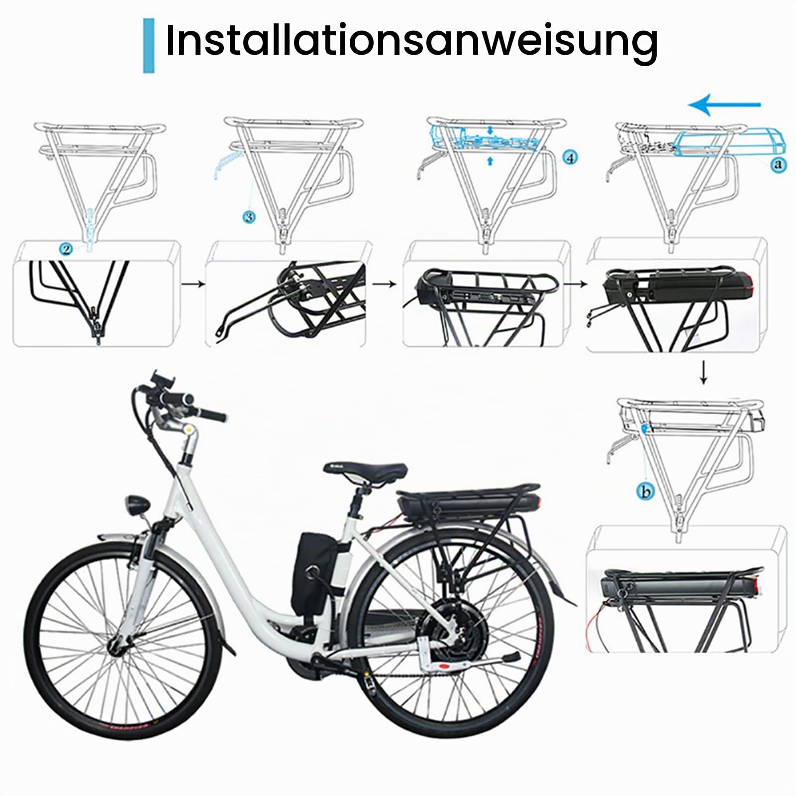 Fahrradakku für Heckträger für E-Bike/E-Bike – Lithium-Ionen-Akku für 1000 W 750 W 500 W Bafang Tongsheng und andere Motoren (mit Ladegerät, 52 V, 48 V, 36 V)