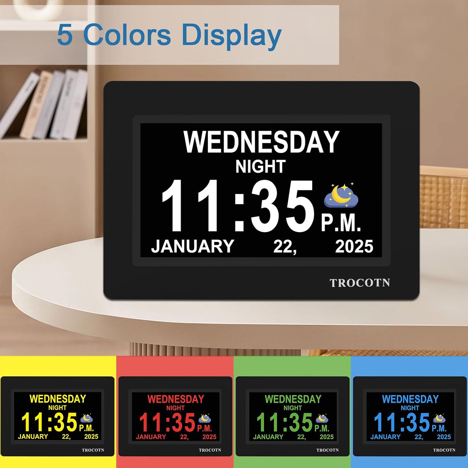 The TROCOTN 7-inch Digital Calendar Alarm Clock displaying time in five different color options: white, yellow, red, green, and blue.