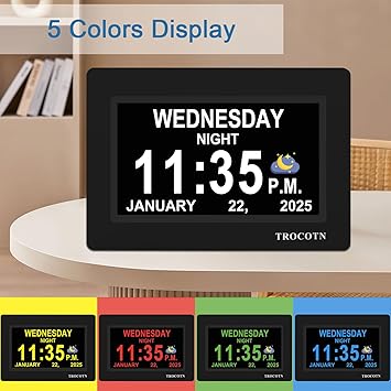 TROCOTN Dementia Clocks, Large Display Calendar Alarm Clock with Auto DST for Seniors, 5 Display Modes Large Font Digital Clock with Custom Alarms Day Date Clocks. (7 Inch Black)