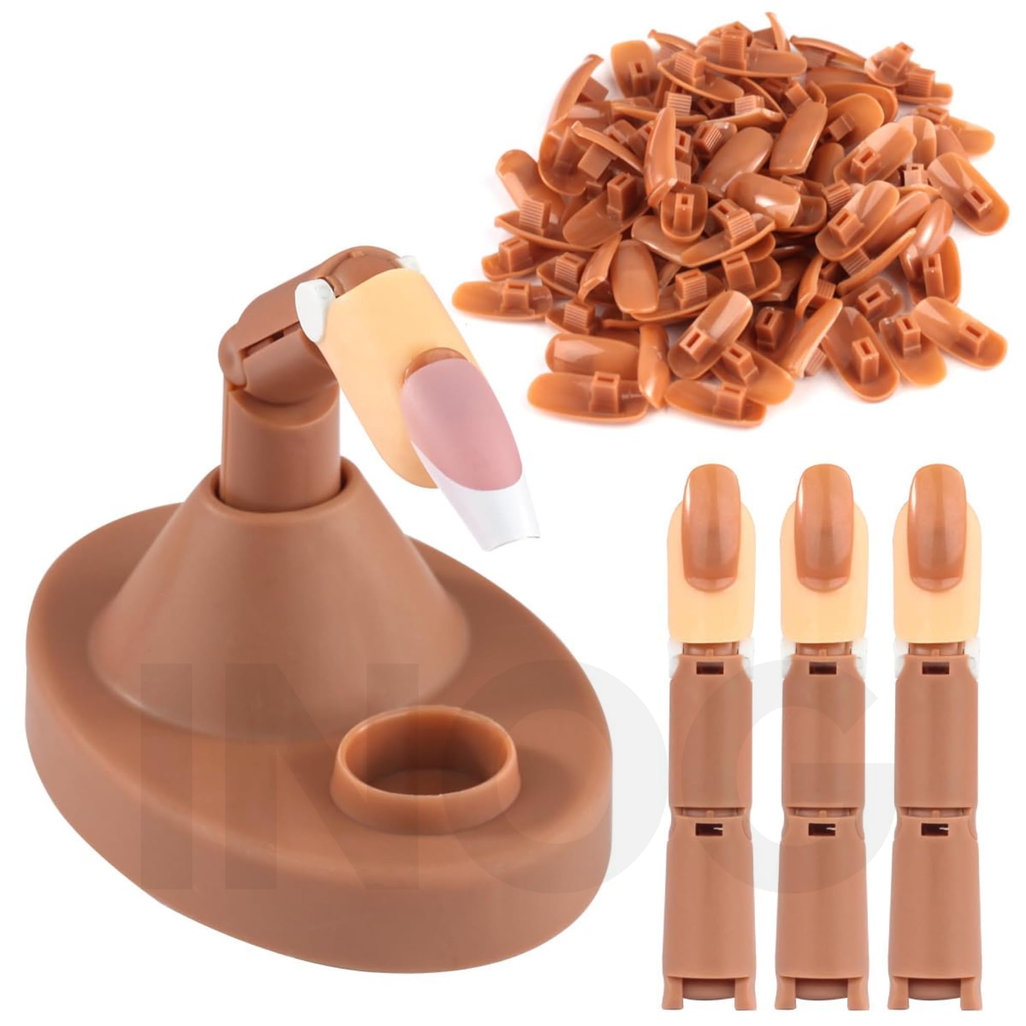 INOG Practice Hand for Acrylic Nails Adjustable Fake Mannequin Fingers - 3PCS Training Set With Acrylic Base and 100PCS Brown Nail Tips - Movable & Flexible For Nail Art Practice-image-6