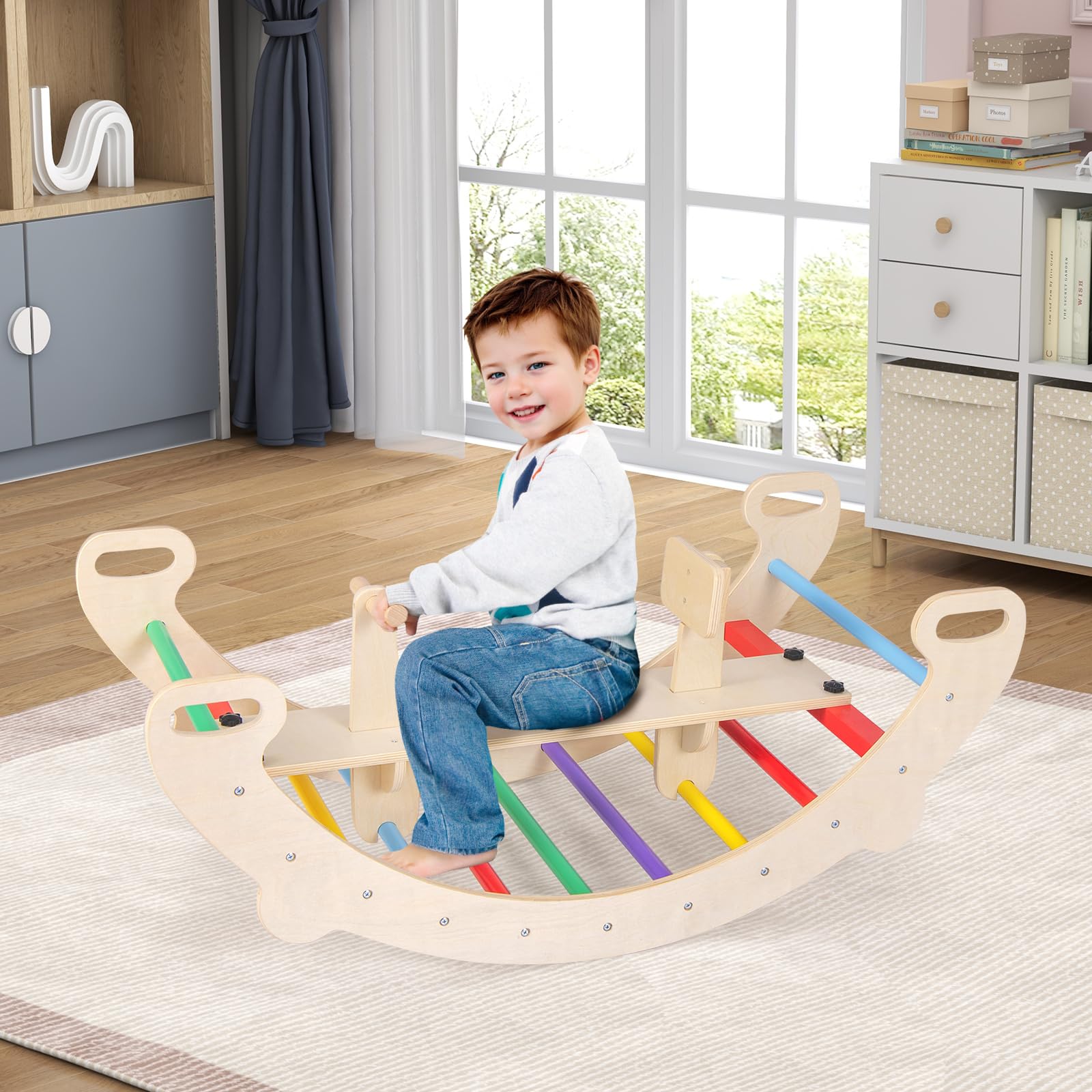 COSTWAY Kletterbogen, mit abnehmbarem Sitz, 4 in 1 Klettergerüst Indoor zum Wippen, Schaukeln, Klettern und Krabbeln, Kletterdreieck Holz, Bogenwippe für Kinder ab 1 Jahre, Sitzhöhe 23,5cm (Bunt)