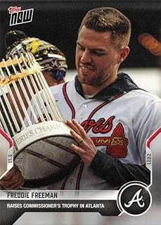 2021 Topps Now #OS-03 Freddie Freeman Raises Braves World Series Championship Trophy Baseball Card