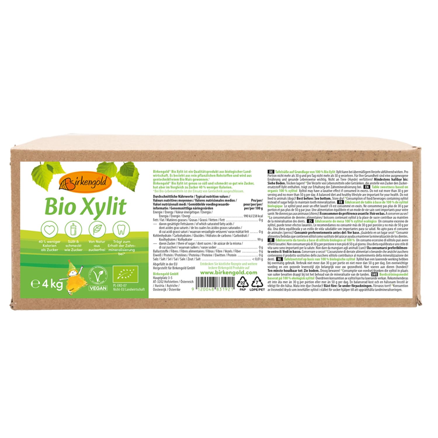 Birkengold Bio Xylit, 4 kg Beutel | aus biologischer Landwirtschaft | 40 % weniger Kalorien | zahnfreundlich | ideal zum Kochen und Backen | glykämischer Index von 11