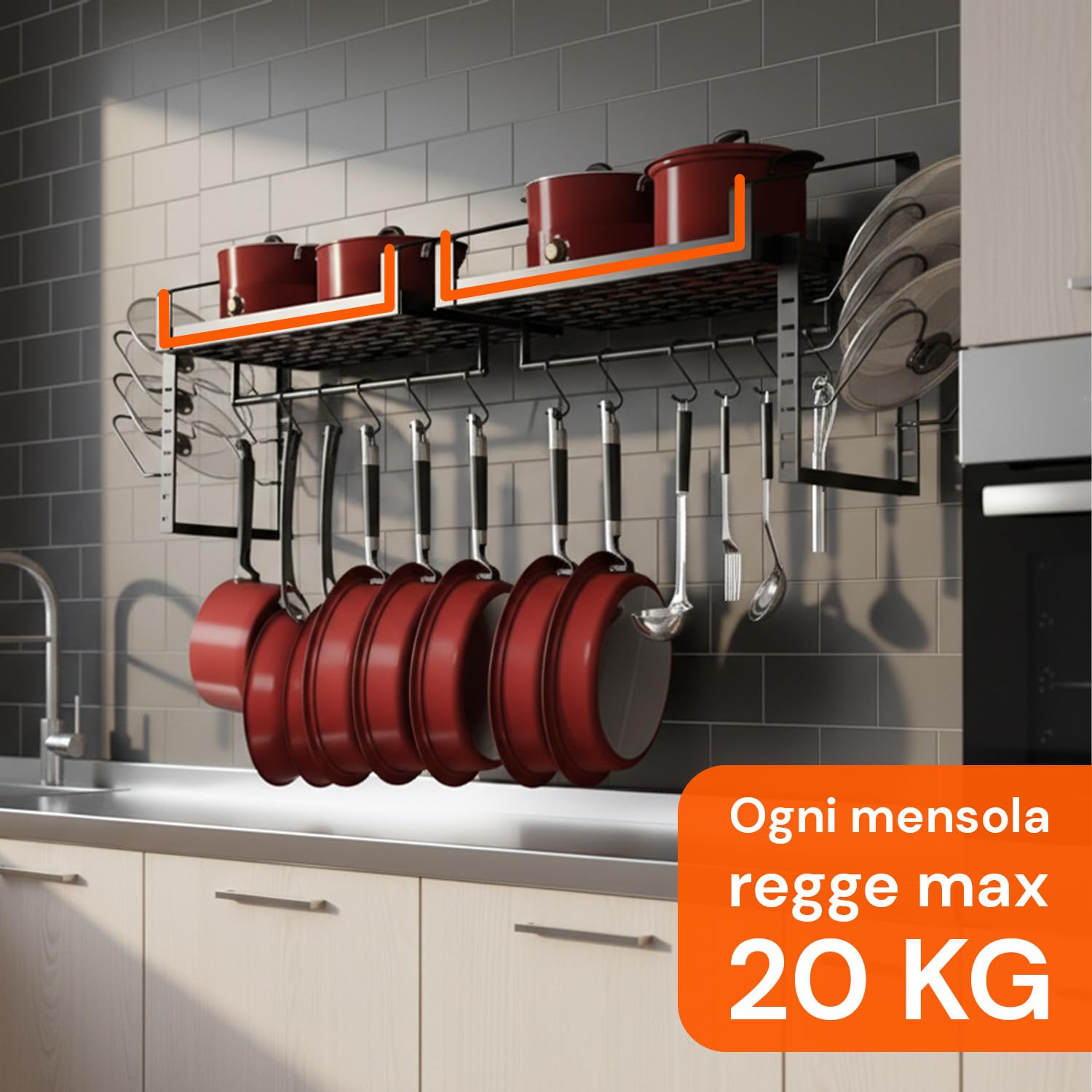 Wintem – Porta Pentole Coperchi Salvaspazio da Parete con Mensole e 12 Ganci, Organizer Cucina in Ferro per Pentole Coperchi e Mestoli, Sistema Verticale Robusto e Funzionale per Uso Quotidiano