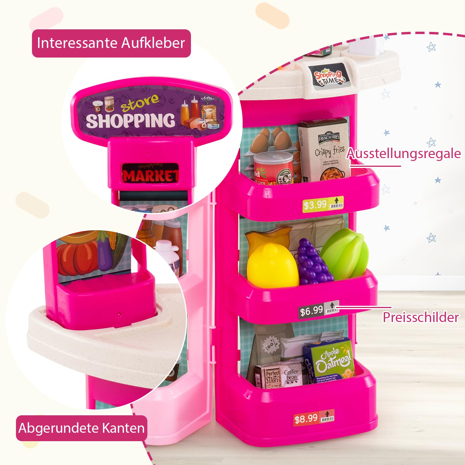 COSTWAY Kaufladen mit Einkaufswagen, Kinder Kaufmannsladen mit Waage, Regalen, Scanner mit Licht & Sound, Supermarkt inkl. Spiel-Lebensmittel & Zubehör, Einkaufsladen für Kinder ab 3 Jahren (Rosa)
