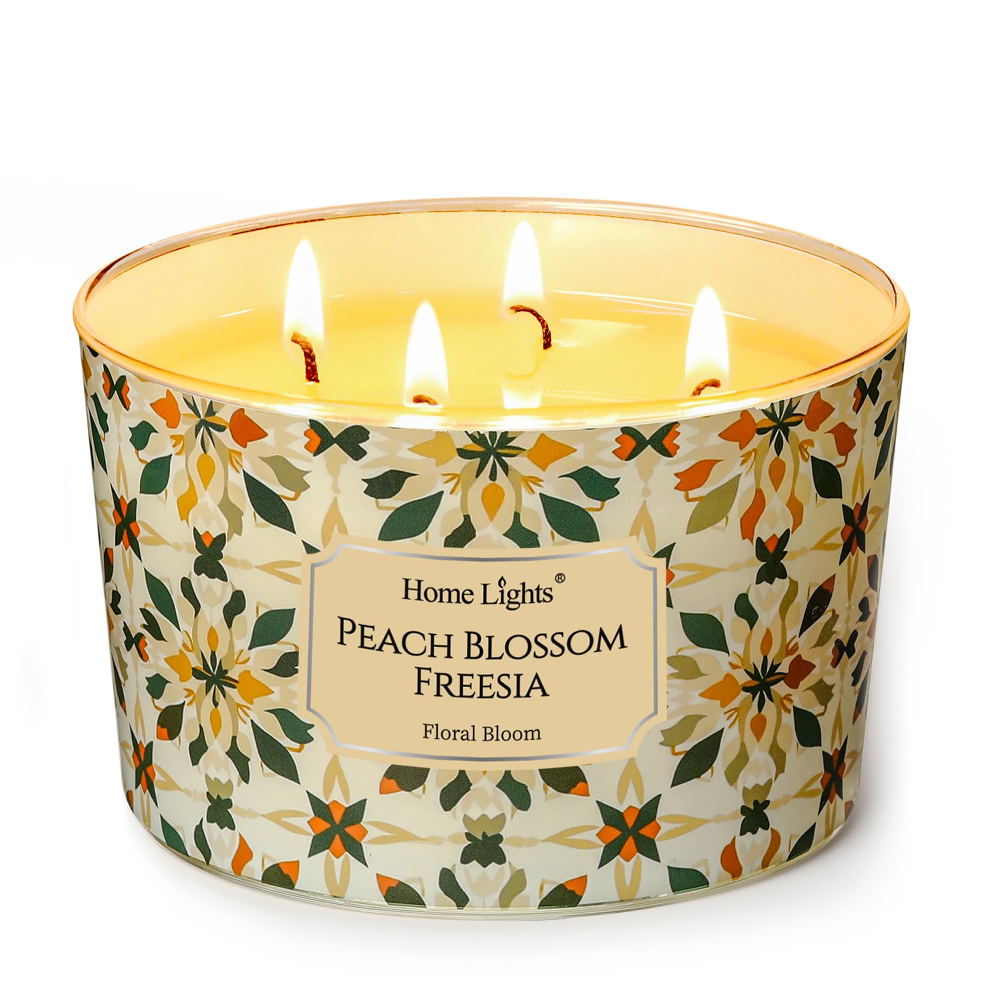 Home Lights Soy Wax Candles for Home Scented, 4-Wick Candles in Peach Blossom Freesia Scented, Aromatherapy Candles Gift for Parties, Relaxing, Bohemian Natural Textures, 18oz