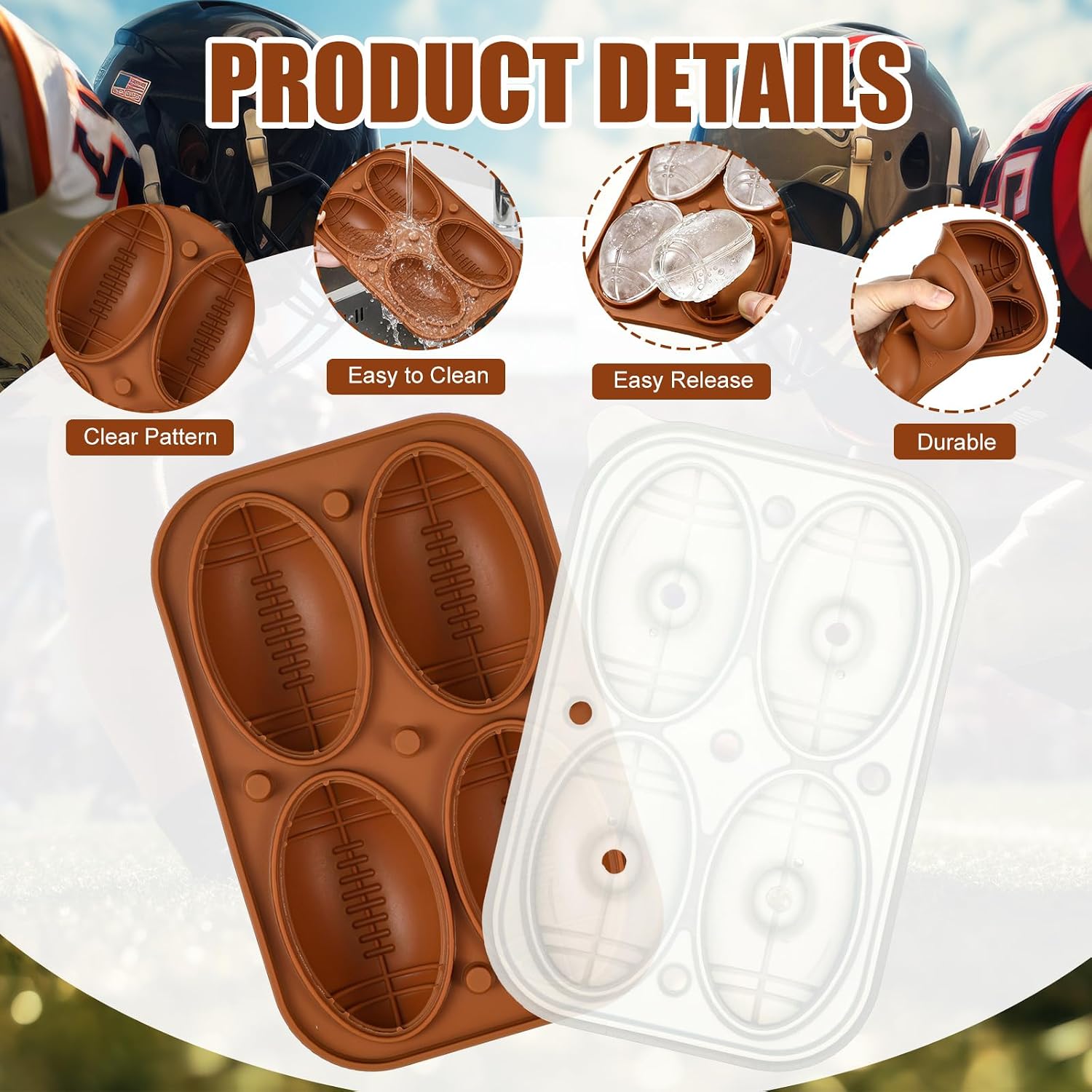 Reallnaive 2 Pcs Silicone Football Ice Cube Molds 2.9'' Large Ice Molds