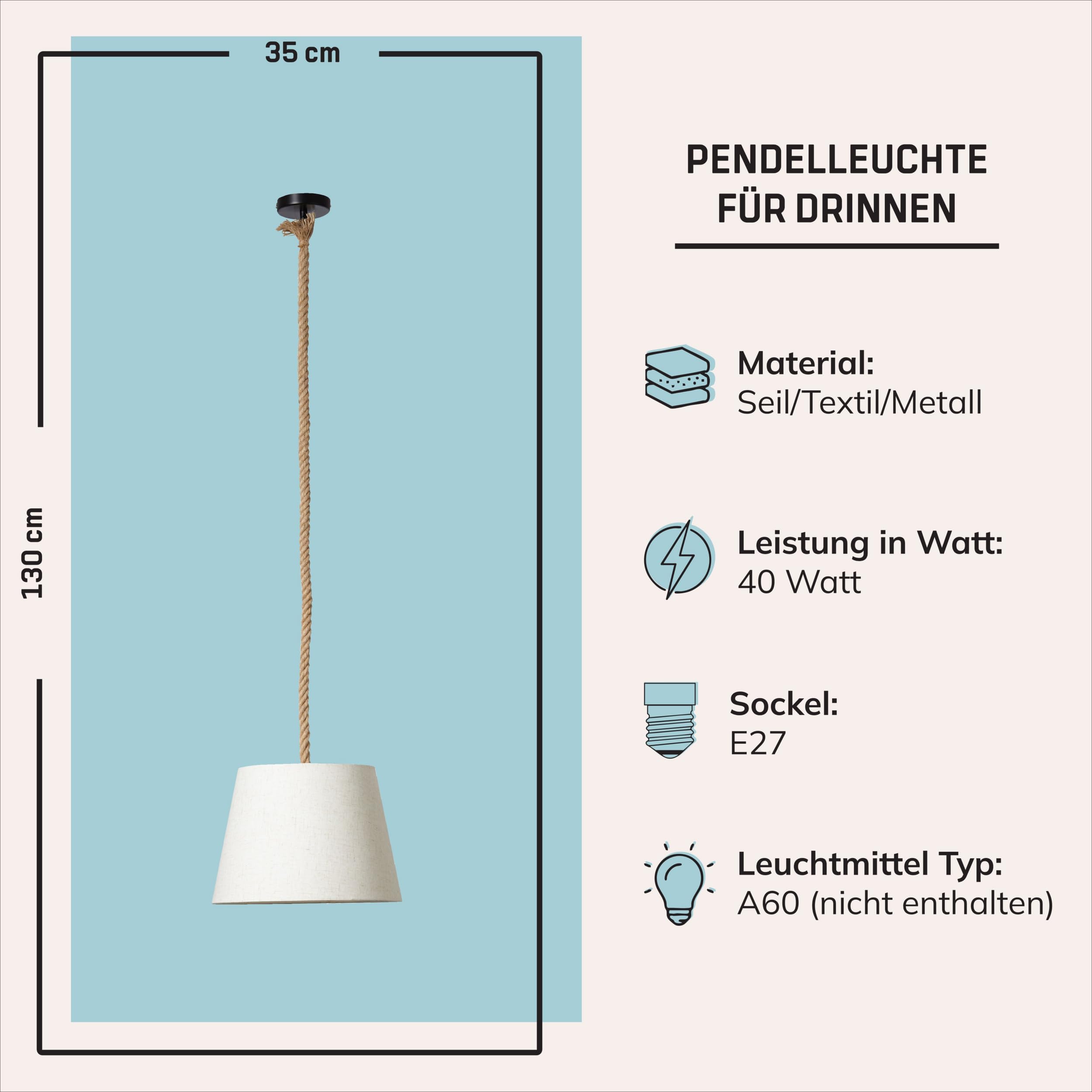 Lightbox Boho Hängelampe mit Stoffschirm & Seil-Kabel - natürliche Pendelleuchte Ø 35 cm - Lampe für Esstisch, Wohnzimmer & Schlafzimmer - E27 Fassung exkl. LED